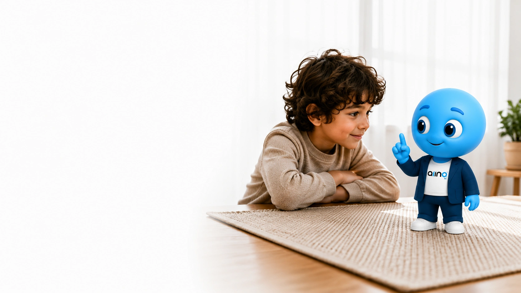 Kid drawing with blue robot mascot